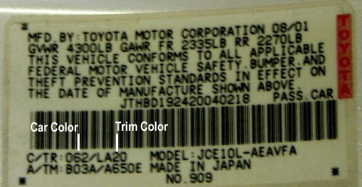 Color code location on Toyota, Lexus, and Scion