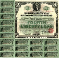 WWI Fourth Liberty Loan - $50 Bearer Gold Bond of 1933 - 1938 - Oct. 24, 1918