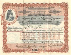 Hayden Cigarette Machine Company (Carlton McCarthy was the mayor of Richmond, Virginia) - Richmond, Virginia 1897 