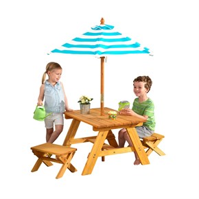 Kidkraft Outdoor Table & Bench Set with Umbrella - Turquoise & White
