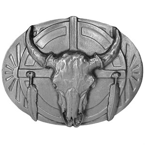 Buffalo Skull and Feathers Antiqued Belt Buckle