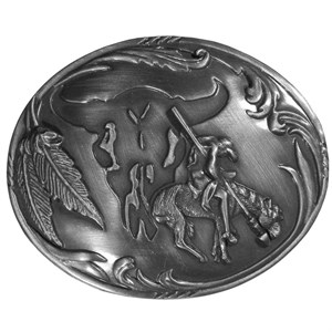 End of the Trail with Buffalo Skull Background Antiqued Belt Buckle