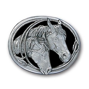 Horse Heads (Diamond Cut) Enameled Belt Buckle