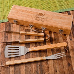 Monogrammed BBQ Set in Bamboo Case