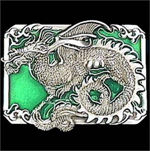 Oriental Dragon with Scroll Enameled Belt Buckle