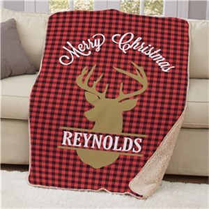 Personalized Plaid Deer Christmas Sherpa Blanket - 50 x 60