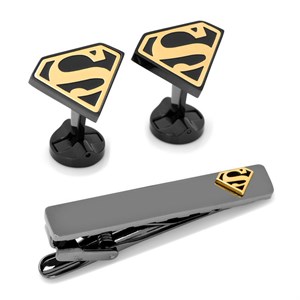 Superman Black and Gold Cufflinks and Tie Clip Gift Set
