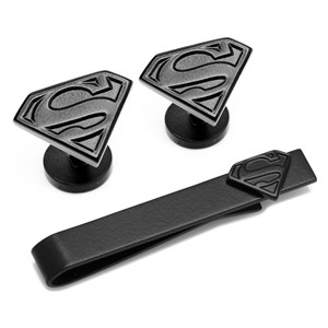 Superman Satin Black Cufflinks and Tie Bar Gift Set