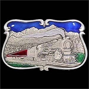 Train in the Mountains Enameled Belt Buckle