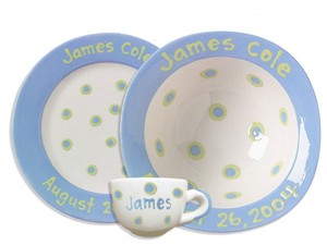Personalized Baby Dot Dishware - Cornflower Blue Cup & Bowl Set