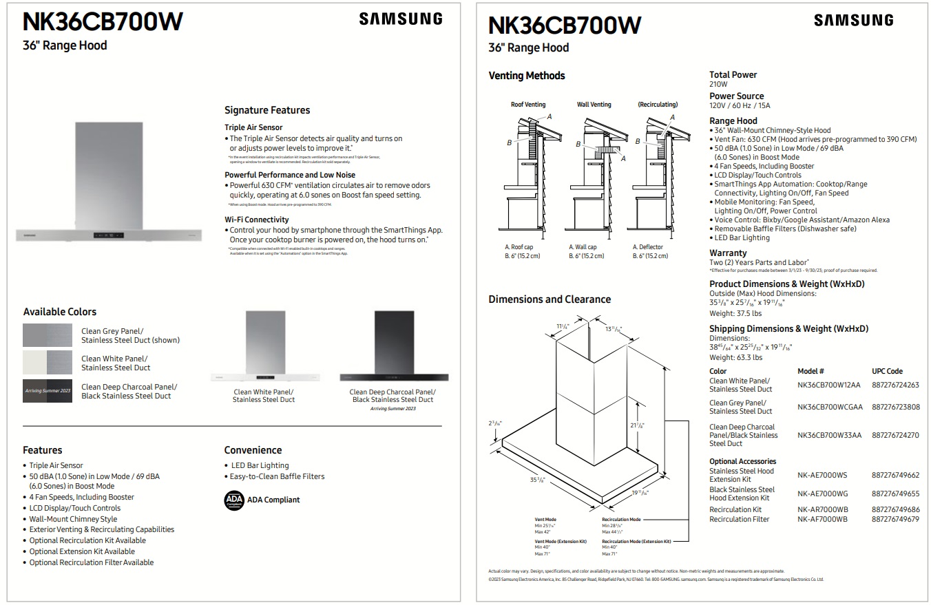 NK36CB700WCGAA Samsung 36" Bespoke 7 Series Chimney Wall Mount Hood